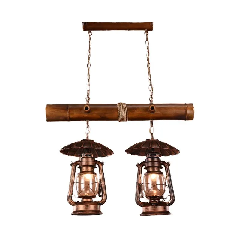 2 lampen eilandhangende industriële kerosine metalen kroonluchterverlichting roodbruin Clearhalo