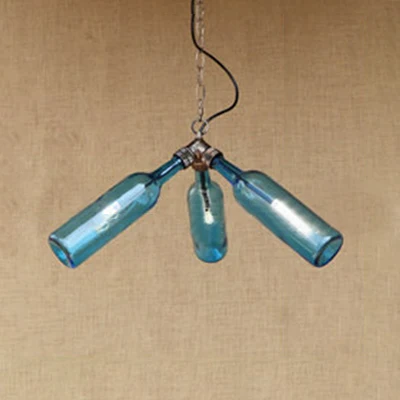 3 lampen glazen hangende verlichting industriële stijlvolle blauw/heldere wijnfles restaurant kroonluchter hanglamp Clearhalo
