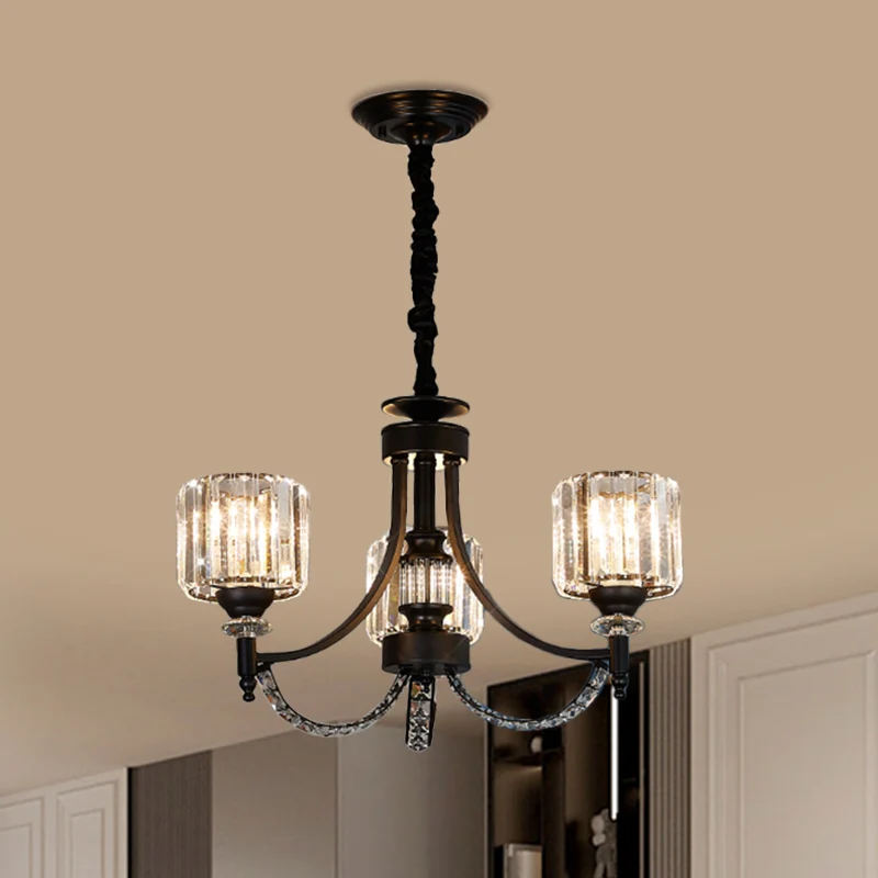 3/6 lampen hanglamp traditionele cilindrische kap helder kristallen plafondkroonluchter met zwarte arm Clearhalo