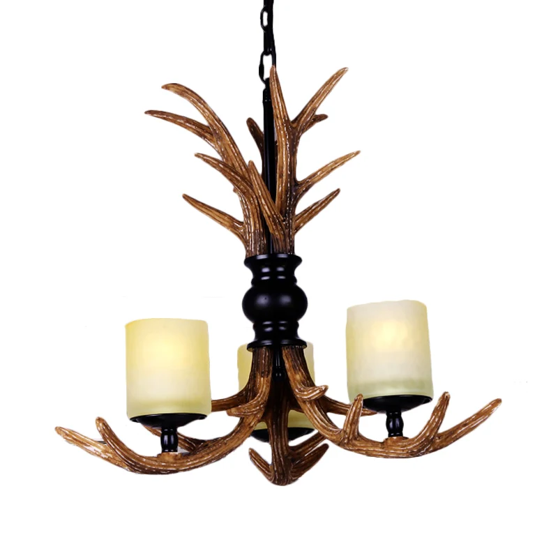 3 lampen hars kroonluchter verlichting traditioneel bruin hertengewei woonkamer hangende hanglamp met wit matglas cilindri...