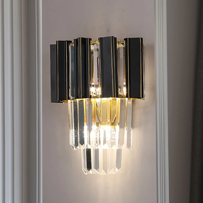 3 lampen helder kristal prisma schans licht hedendaagse zwarte dozen taps toelopende slaapkamer wandlamp Clearhalo