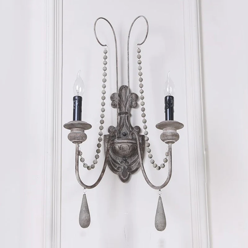 2 lampen houten schanslamp vintage grijze kandelaar slaapkamer wandgemonteerd licht Clearhalo