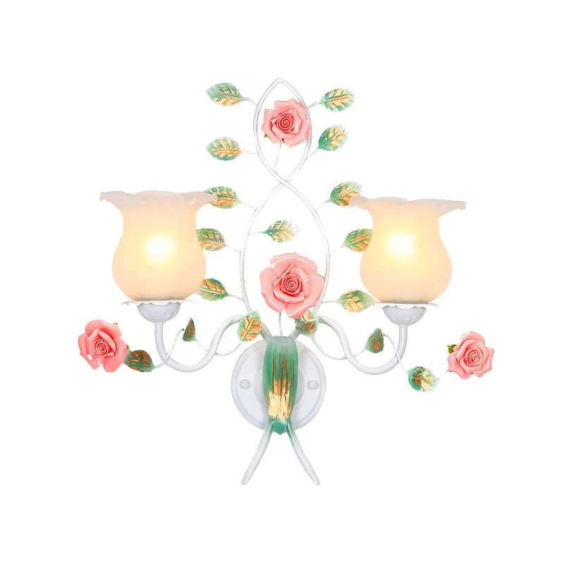 1/2 lampen metalen schansarmatuur pastorale witte bloem woonkamer wandmontage verlichting Clearhalo