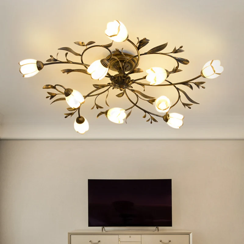 10 lampen opaalglas semi-inbouw rustieke messing bloesem eetkamer plafondverlichting Clearhalo