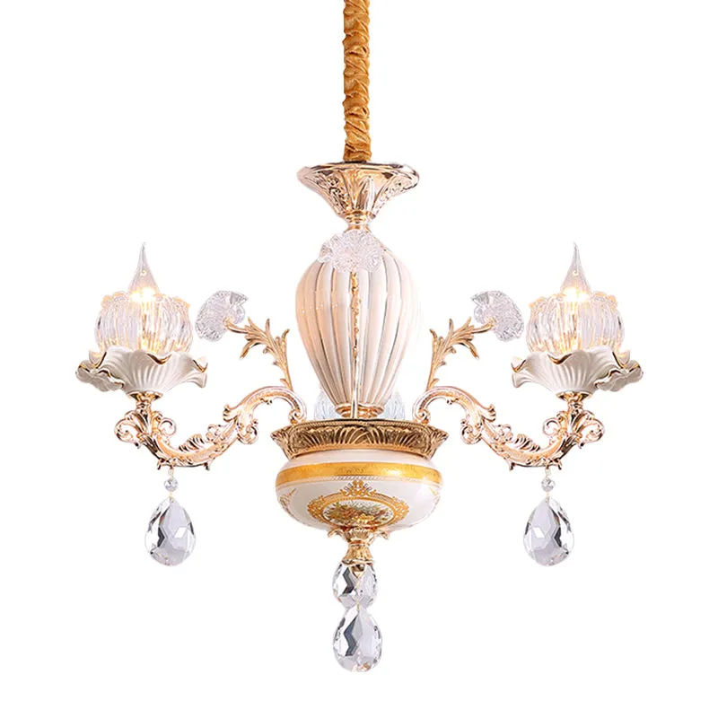 3 lampen plafondkroonluchter postmoderne bloemknoppen kristallen hanglamp met keramisch accent, goud Clearhalo