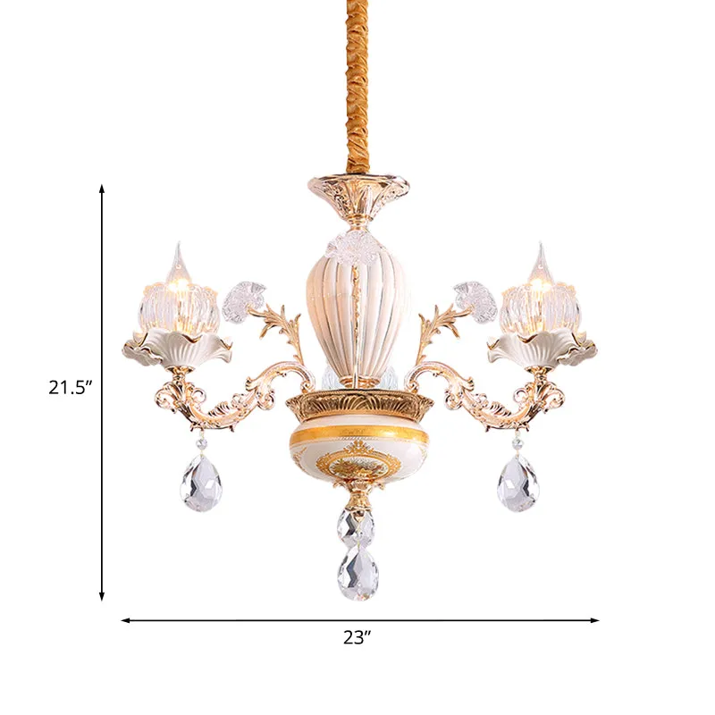 3 lampen plafondkroonluchter postmoderne bloemknoppen kristallen hanglamp met keramisch accent, goud Clearhalo