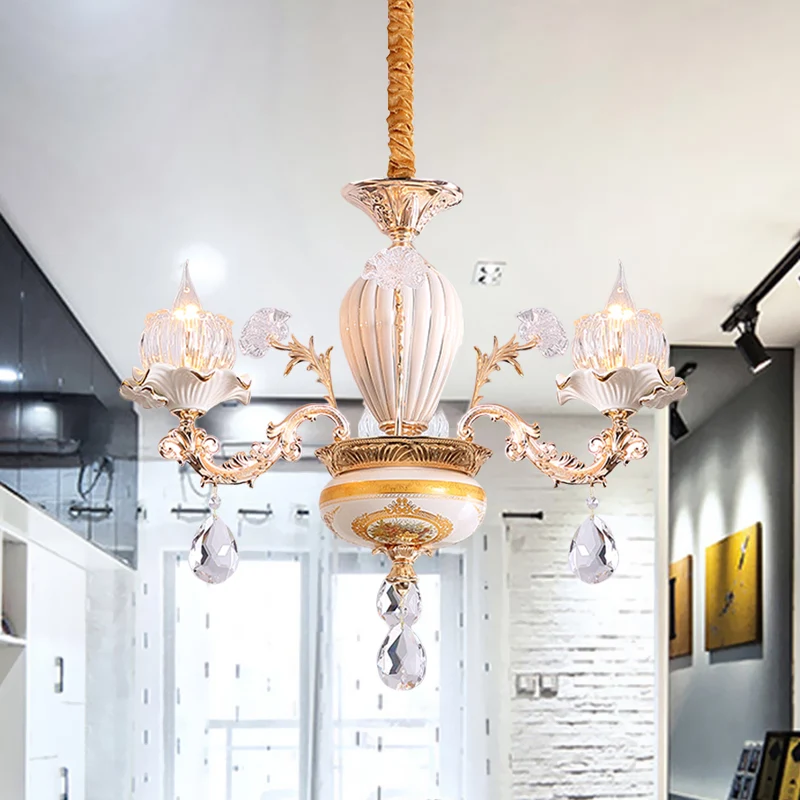 3 lampen plafondkroonluchter postmoderne bloemknoppen kristallen hanglamp met keramisch accent, goud Clearhalo