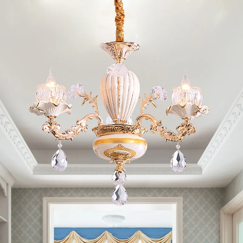 3 lampen plafondkroonluchter postmoderne bloemknoppen kristallen hanglamp met keramisch accent, goud Clearhalo