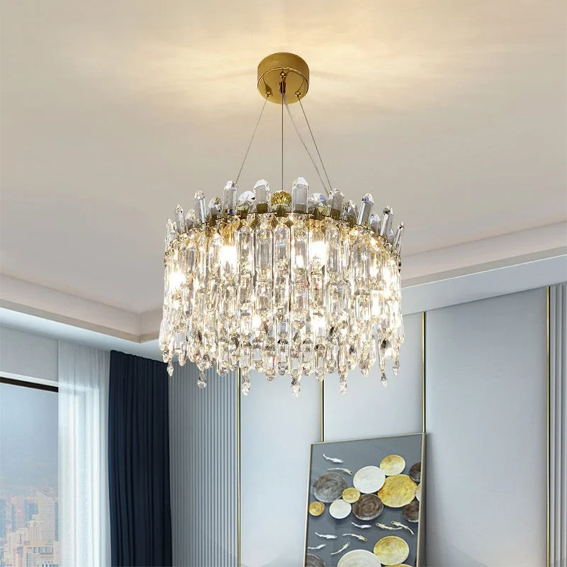 8 lampen ronde kroonluchterlamp eenvoudige stijl gouden gefacetteerde kristallen druppelhanger voor slaapkamer Clearhalo