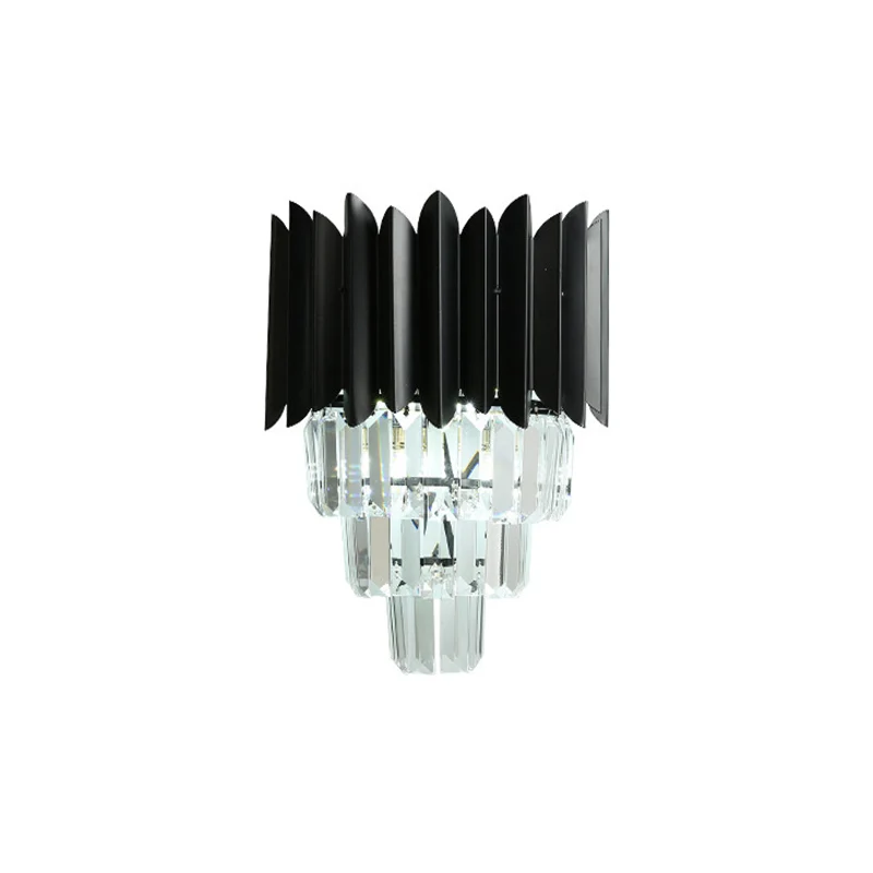2 lampen, taps toelopend wandgemonteerd licht, moderne zwarte afwerking, heldere kristallen prisma's, verzonken wandkandel...
