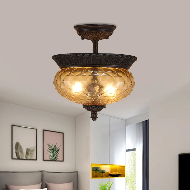 2 lampen Urn schaduw semi-inbouw licht platteland zwarte afwerking prismatische glazen plafondmontage voor eetkamer Clearhalo