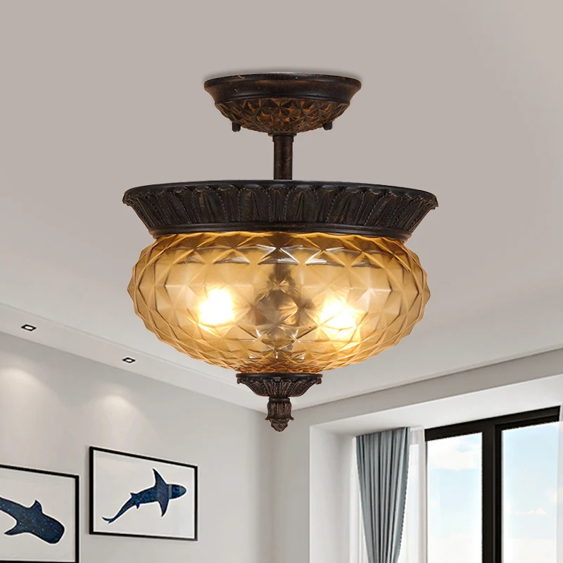 2 lampen Urn schaduw semi-inbouw licht platteland zwarte afwerking prismatische glazen plafondmontage voor eetkamer Clearhalo