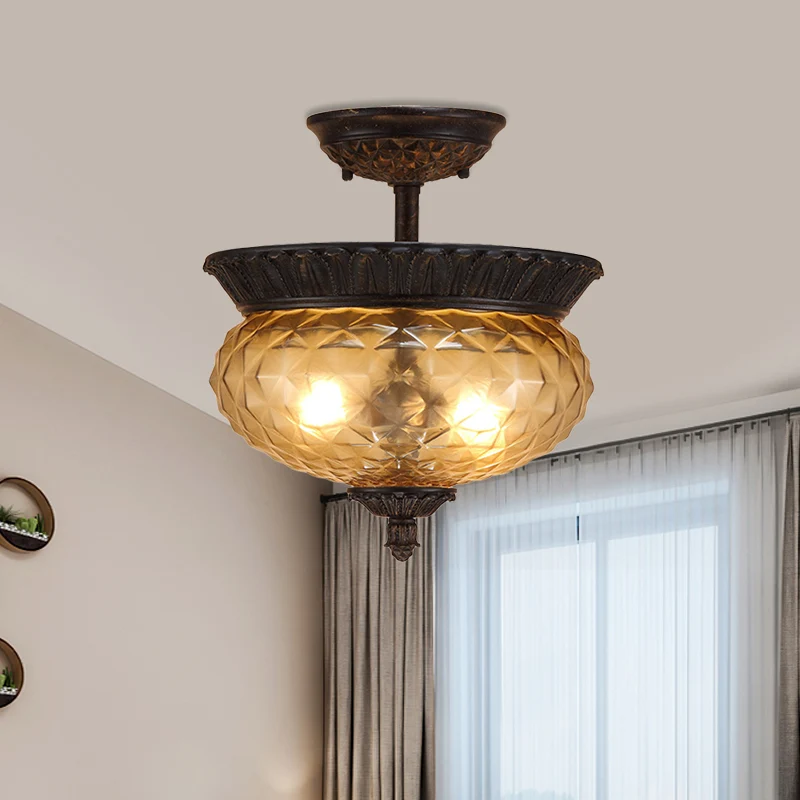 2 lampen Urn schaduw semi-inbouw licht platteland zwarte afwerking prismatische glazen plafondmontage voor eetkamer Clearhalo