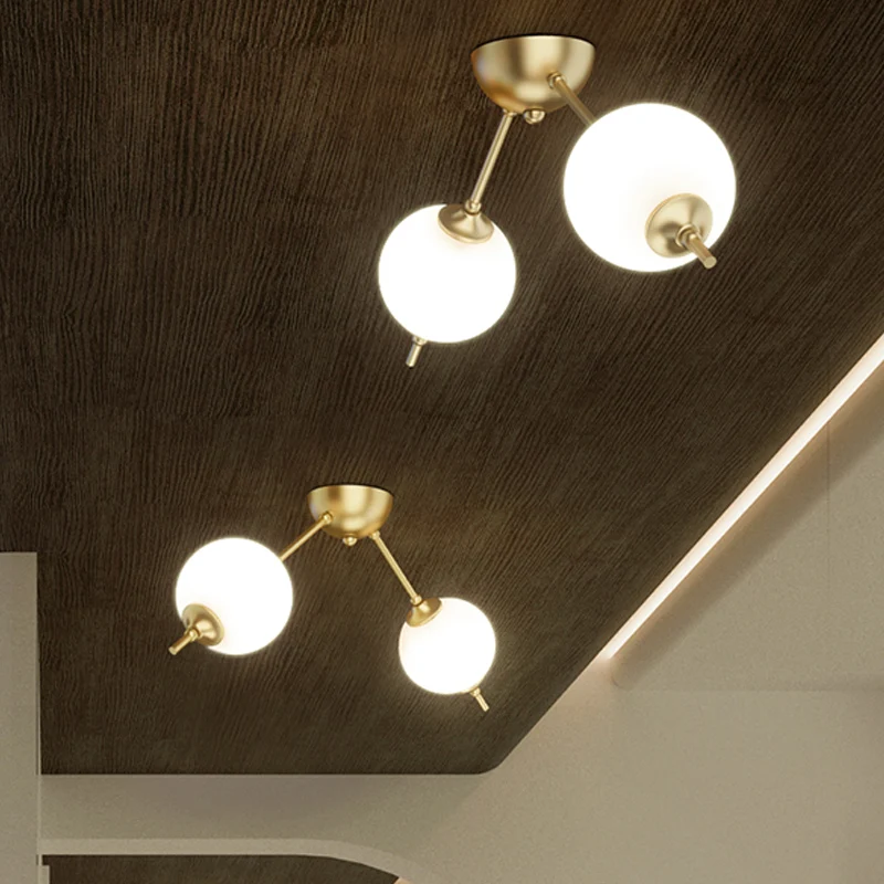 2/3 lampen woonkamer semi-inbouw postmodern messing plafondmontagelamp met vertakkende ivoorkleurige glazen kap Clearhalo