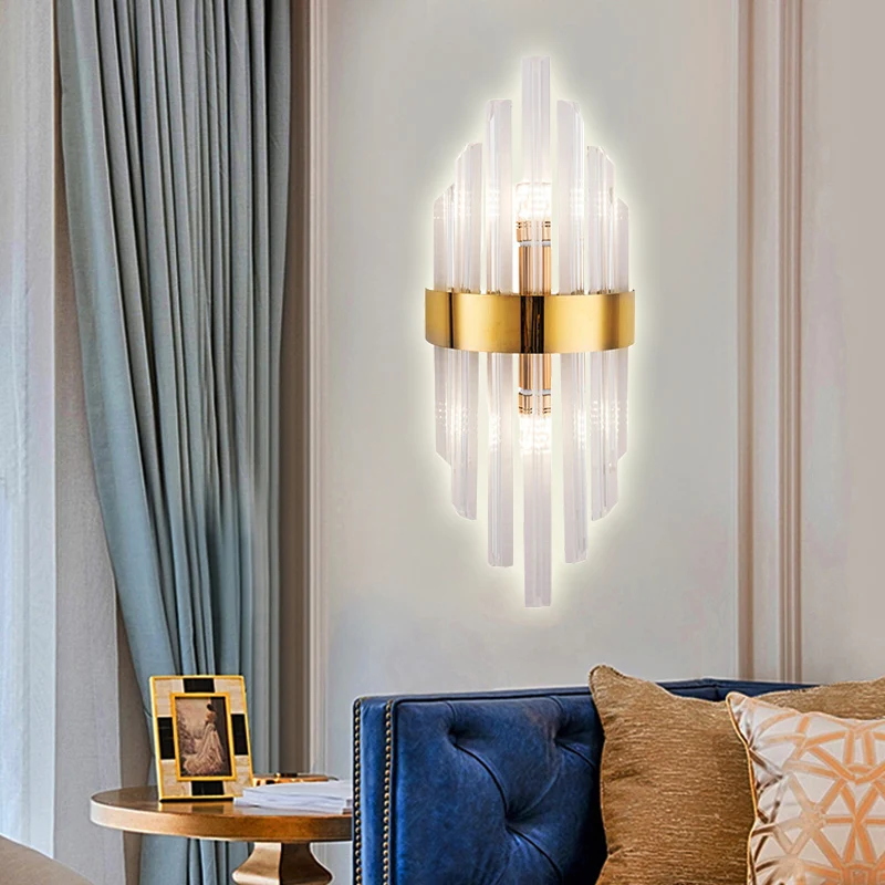 2 lampen woonkamer wandkandelaar verlichting eenvoud messing wandmontage lichtarmatuur met lineaire kristallen kap Clearhalo
