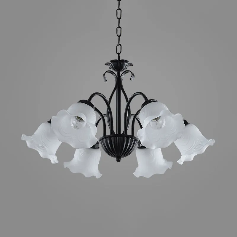 Landelijke bloemen kroonluchterlamp 5/6/8 koppen matglazen hanglamp zwart met gedraaide arm Clearhalo