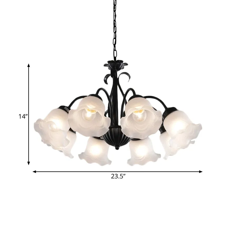 Landelijke bloemen kroonluchterlamp 5/6/8 koppen matglazen hanglamp zwart met gedraaide arm Clearhalo