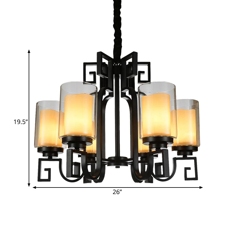 Landelijke cilinderkroonluchterlamp, 6-lichts helderglazen plafondhanger zwart met gedraaide arm Clearhalo