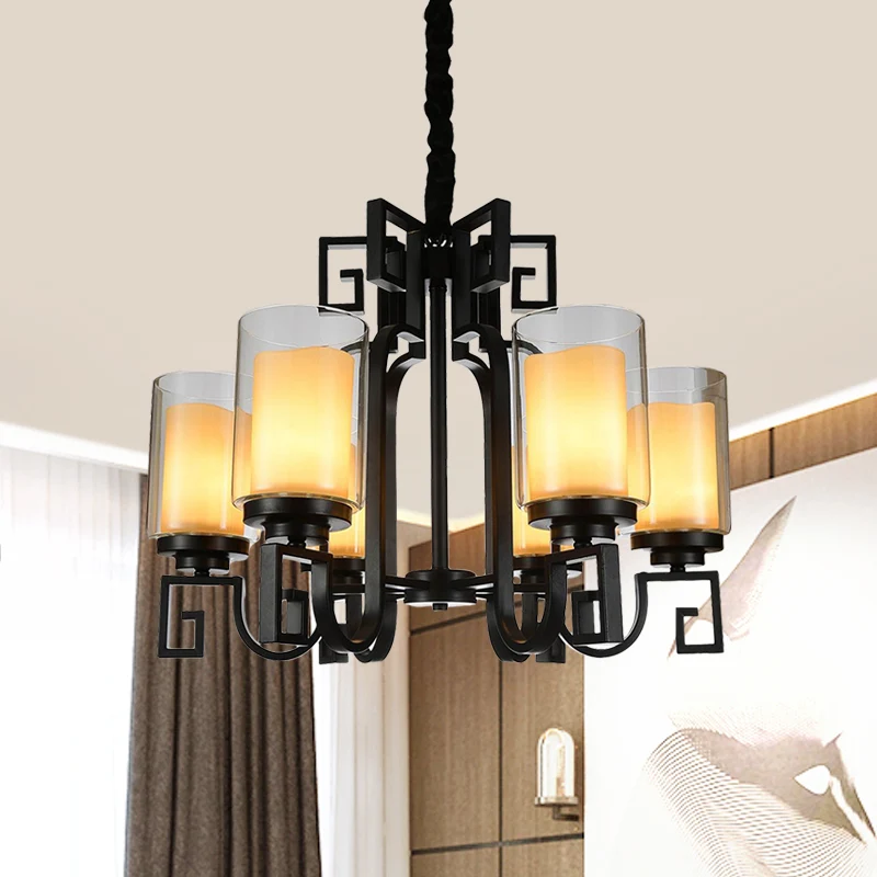 Landelijke cilinderkroonluchterlamp, 6-lichts helderglazen plafondhanger zwart met gedraaide arm Clearhalo
