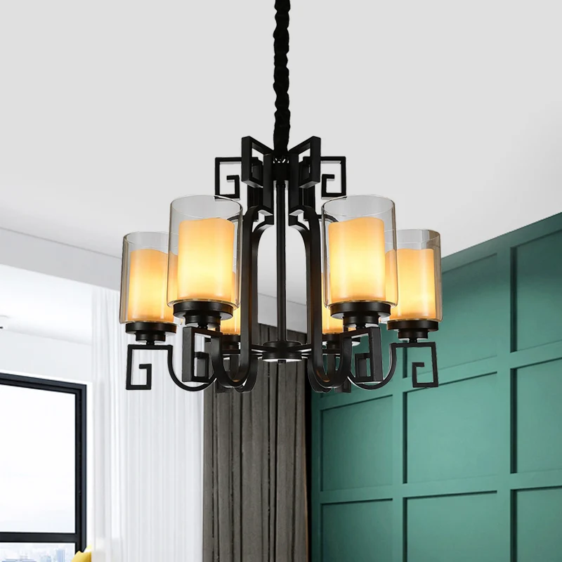 Landelijke cilinderkroonluchterlamp, 6-lichts helderglazen plafondhanger zwart met gedraaide arm Clearhalo
