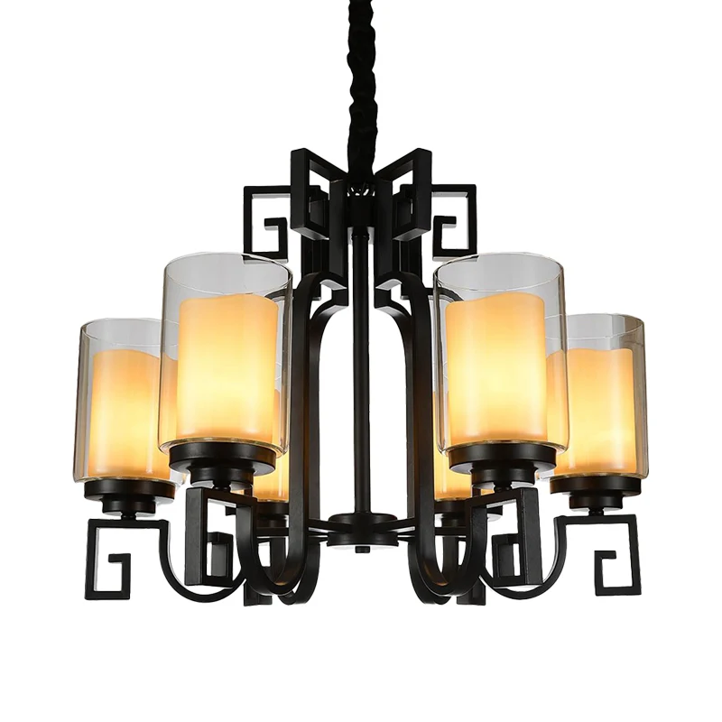 Landelijke cilinderkroonluchterlamp, 6-lichts helderglazen plafondhanger zwart met gedraaide arm Clearhalo