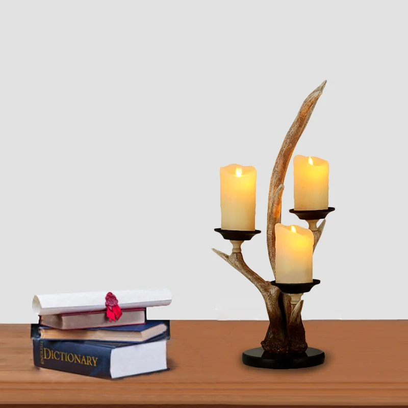 Landelijke kaars leeslamp 3-lichts hars bureaulamp hout voor slaapkamer met gewei Clearhalo