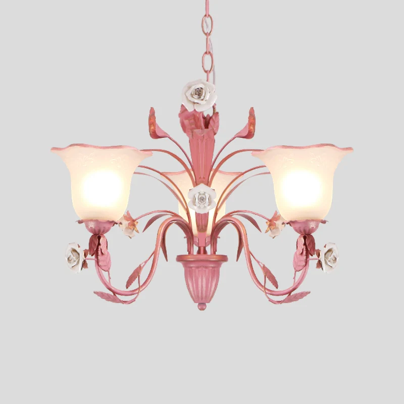 Landelijke uitlopende kroonluchter verlichtingsarmatuur 3/5/7 lampen metalen LED-hanger roze/blauw voor slaapkamer Clearhalo