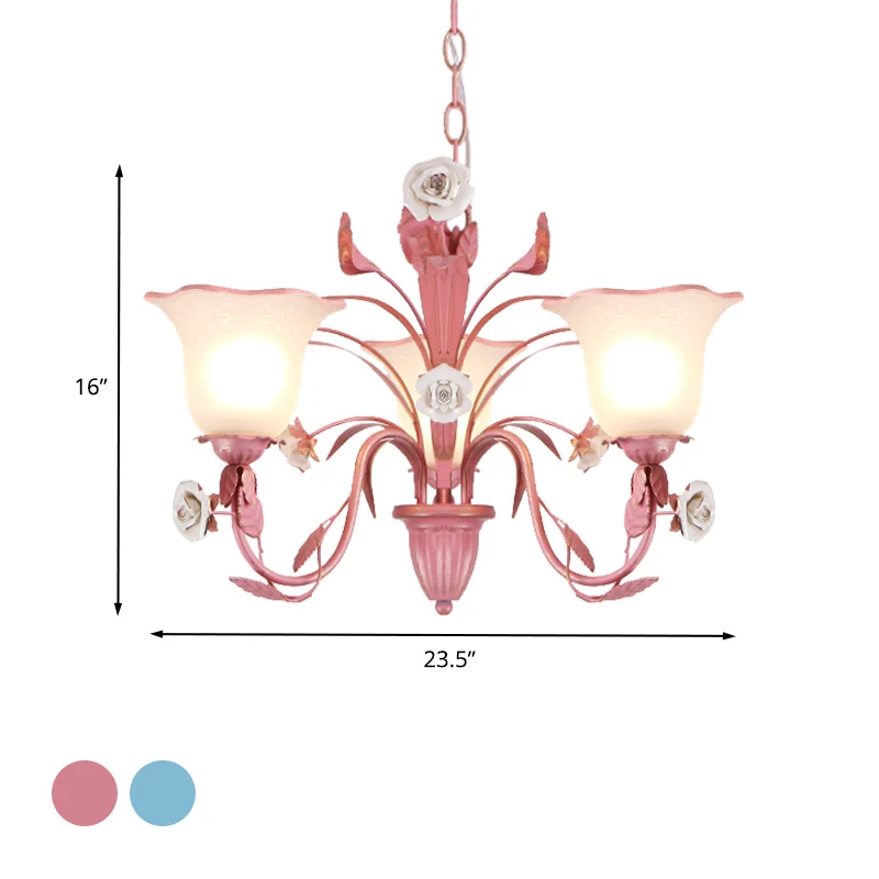 Landelijke uitlopende kroonluchter verlichtingsarmatuur 3/5/7 lampen metalen LED-hanger roze/blauw voor slaapkamer Clearhalo