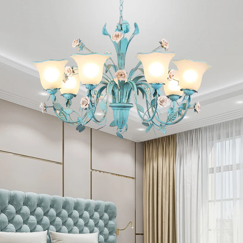Landelijke uitlopende kroonluchter verlichtingsarmatuur 3/5/7 lampen metalen LED-hanger roze/blauw voor slaapkamer Clearhalo