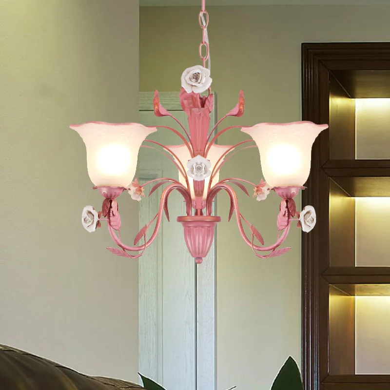 Landelijke uitlopende kroonluchter verlichtingsarmatuur 3/5/7 lampen metalen LED-hanger roze/blauw voor slaapkamer Clearhalo