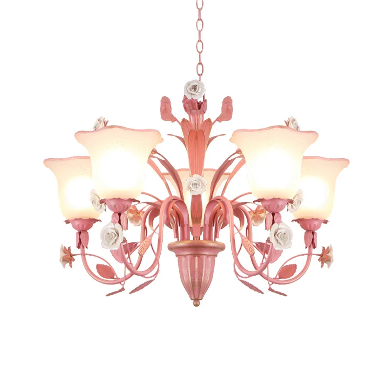 Landelijke uitlopende kroonluchter verlichtingsarmatuur 3/5/7 lampen metalen LED-hanger roze/blauw voor slaapkamer Clearhalo