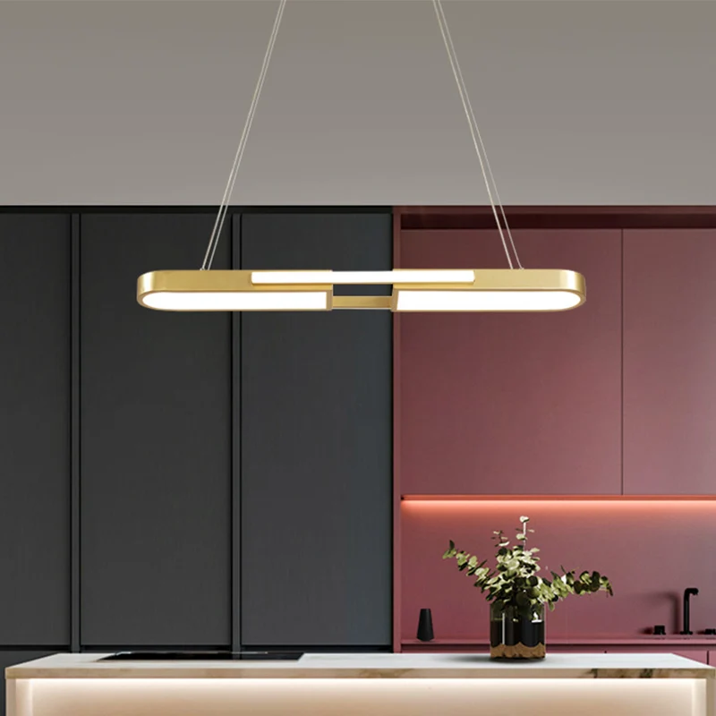 Langwerpige acryl hanglampset, eenvoudige stijl zwart/goud LED-eilandlamp warm/wit licht voor eetkamer Clearhalo