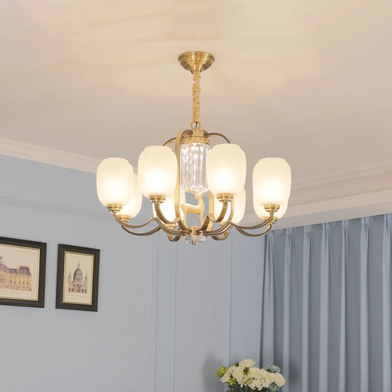 Langwerpige matglazen hangende kroonluchter modernistische 3/6 hoofden woonkamer hanglamp messing Clearhalo