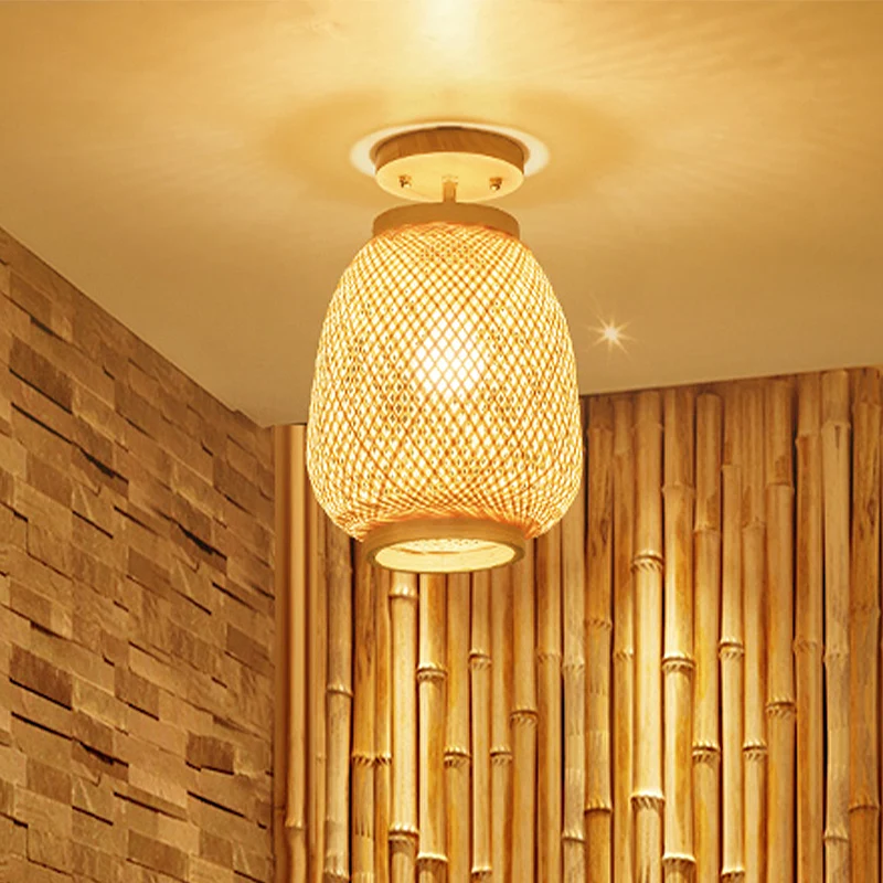 Lantaarn Bamboe Semi-Inbouw Aziatisch 1 Kops Beige Plafondgemonteerd Armatuur voor Restaurant Clearhalo