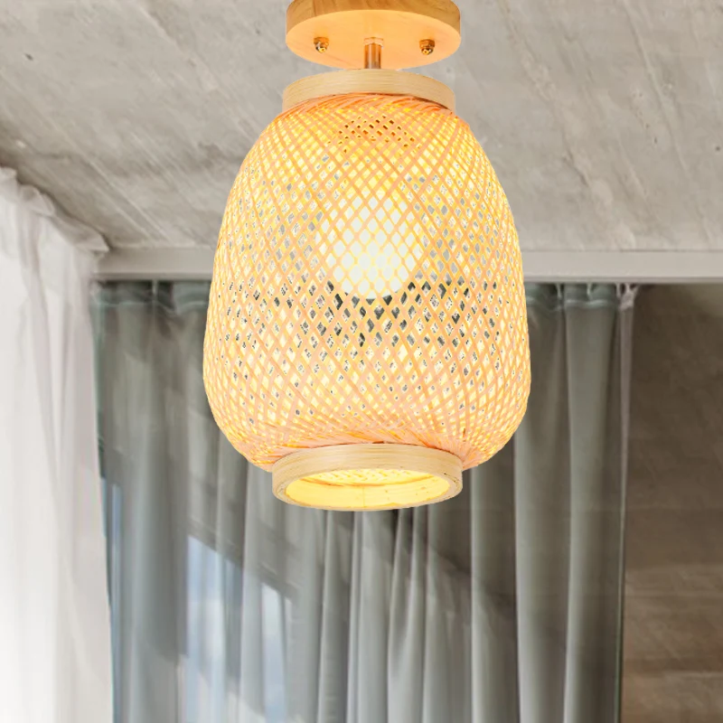 Lantaarn Bamboe Semi-Inbouw Aziatisch 1 Kops Beige Plafondgemonteerd Armatuur voor Restaurant Clearhalo