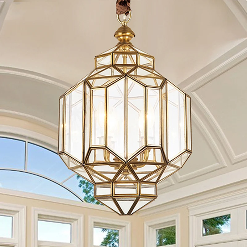 Lantaarn kroonluchter licht eigentijds helder glas 4 koppen messing hanglampset voor woonkamer Clearhalo