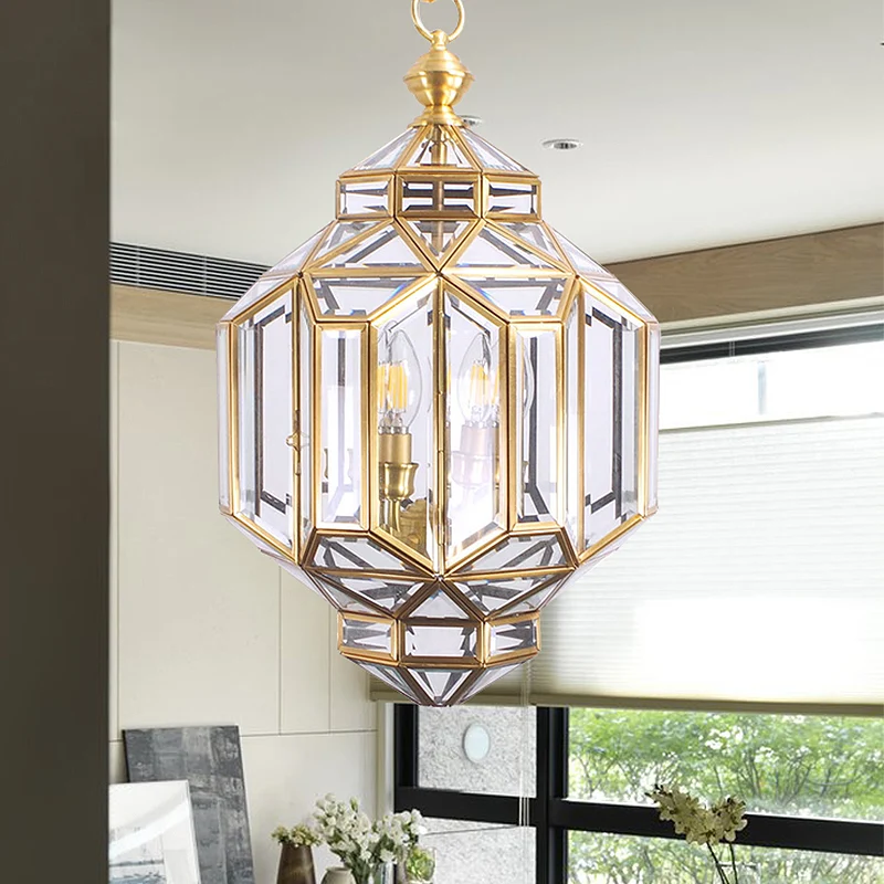 Lantaarn kroonluchter licht eigentijds helder glas 4 koppen messing hanglampset voor woonkamer Clearhalo