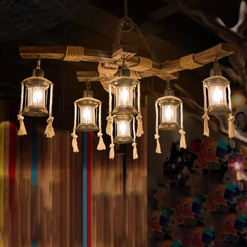 Lantaarn Restaurant Eiland Licht Magazijn Helder Glas 6 Lichts Houten Hanglamp Clearhalo