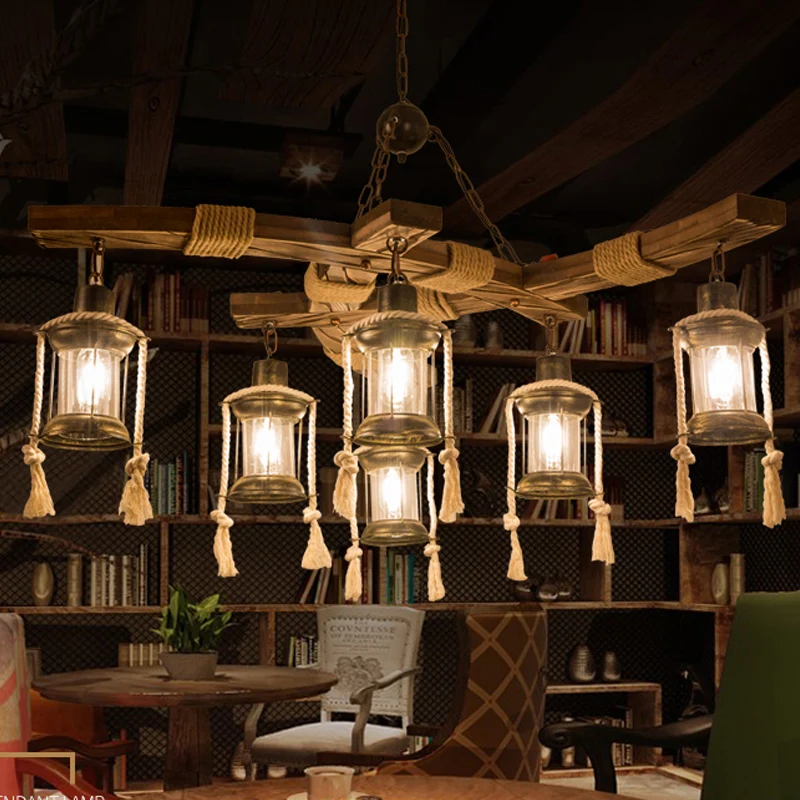Lantaarn Restaurant Eiland Licht Magazijn Helder Glas 6 Lichts Houten Hanglamp Clearhalo