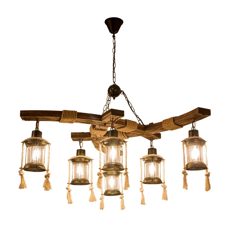 Lantaarn Restaurant Eiland Licht Magazijn Helder Glas 6 Lichts Houten Hanglamp Clearhalo