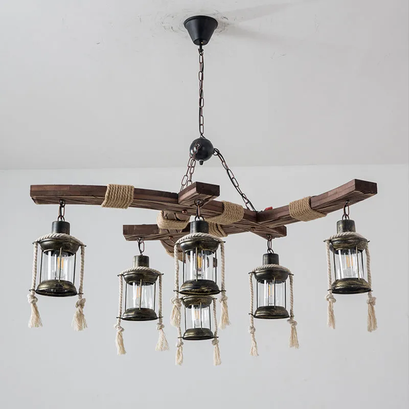 Lantaarn Restaurant Eiland Licht Magazijn Helder Glas 6 Lichts Houten Hanglamp Clearhalo