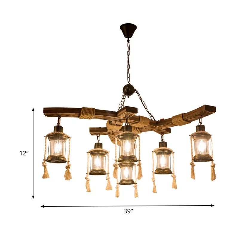 Lantaarn Restaurant Eiland Licht Magazijn Helder Glas 6 Lichts Houten Hanglamp Clearhalo