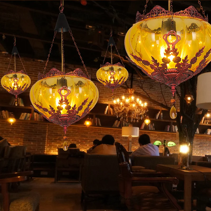 Lantaarn Restaurant Plafondlamp Landelijke Stijl Amber Glas 1 Licht Roest Hanglamp Clearhalo