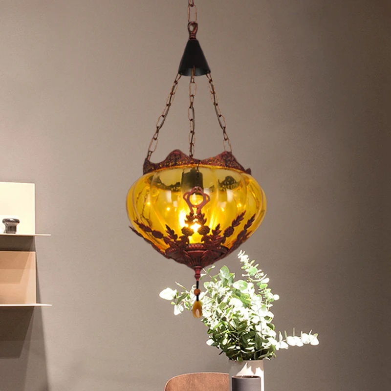 Lantaarn Restaurant Plafondlamp Landelijke Stijl Amber Glas 1 Licht Roest Hanglamp Clearhalo