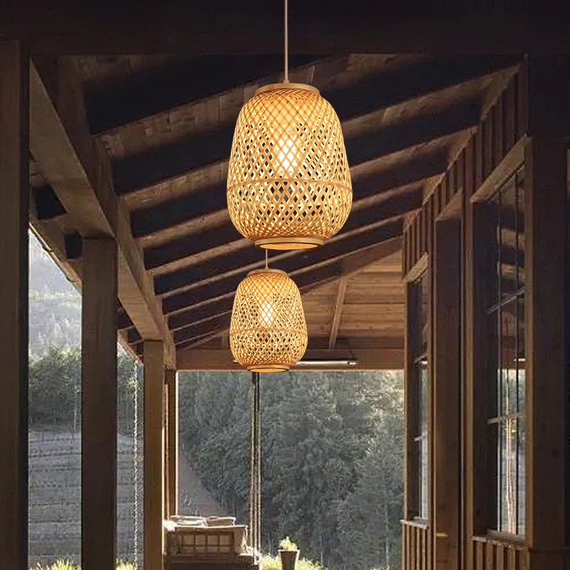 Lantaarn Schaduwrijke Bamboe Ophangverlichting Minimalistische 1-koppige Houten Hangende Plafondlamp Clearhalo