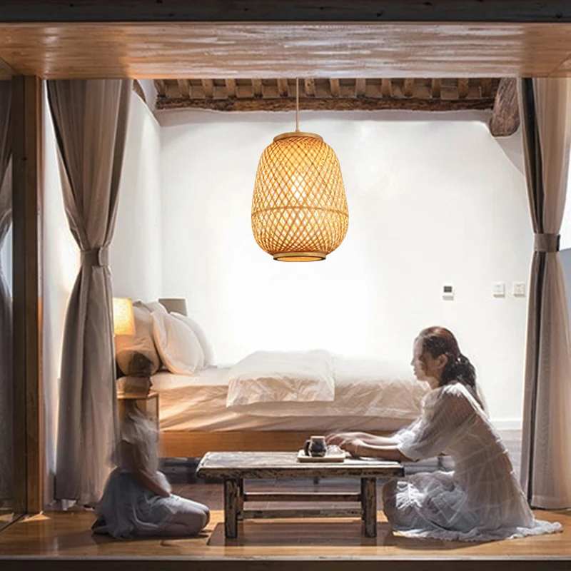 Lantaarn Schaduwrijke Bamboe Ophangverlichting Minimalistische 1-koppige Houten Hangende Plafondlamp Clearhalo