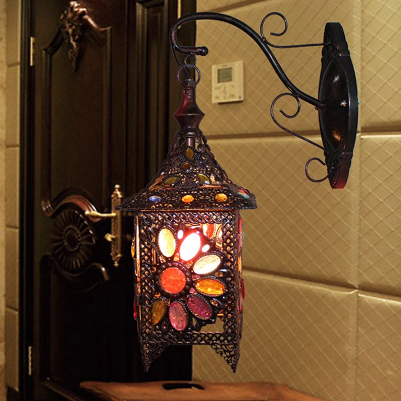 Lantaarn Slaapkamer Schans Wandlamp Boheems Metaal 1 Lamp Messing/Zwarte Muurverlichtingsarmatuur Clearhalo