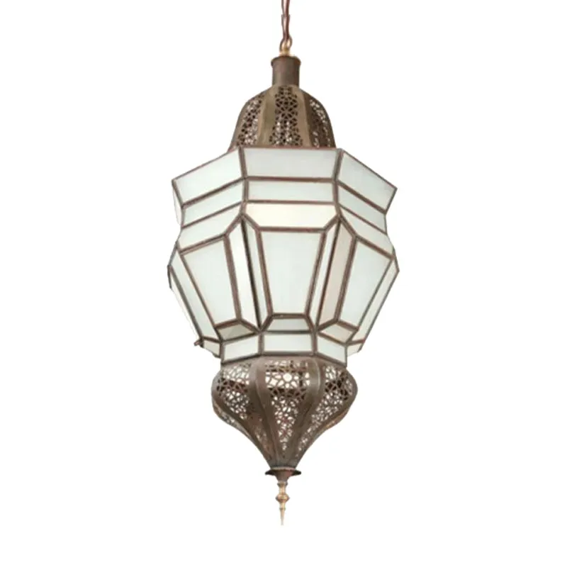 Lantaarngangkroonluchter mediterrane stijl, wit matglas, messing hanglampset met 3 lampen Clearhalo