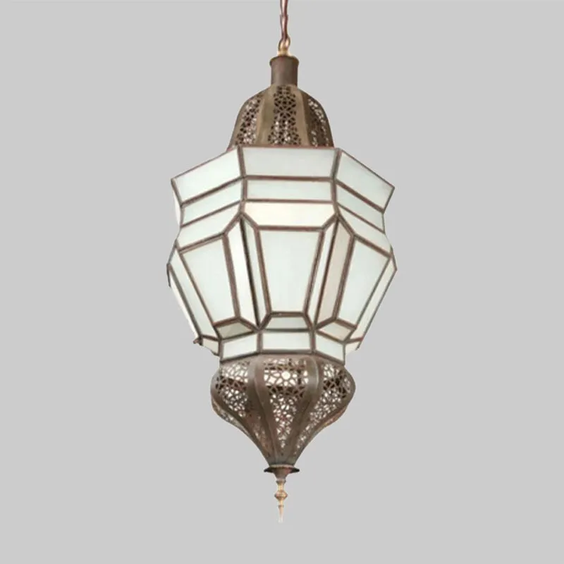 Lantaarngangkroonluchter mediterrane stijl, wit matglas, messing hanglampset met 3 lampen Clearhalo