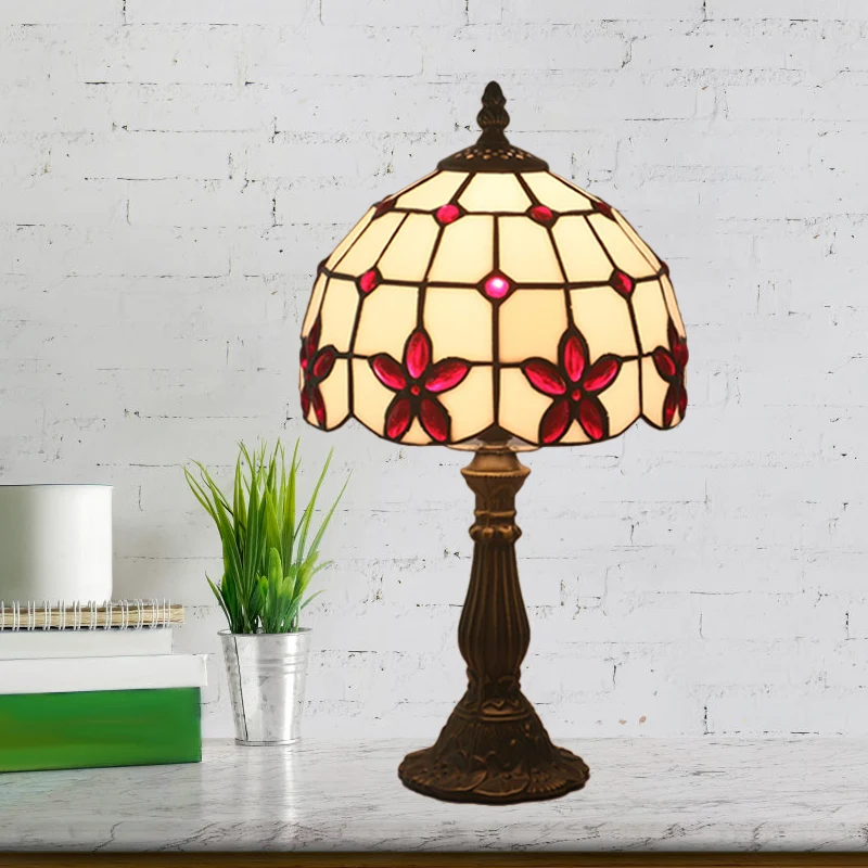 Lattice Bowl Wit Glazen Tafellamp Victoriaans 1 Licht Rood/Geel/Blauw Nachtkastje Licht Met Bloempatroon Clearhalo